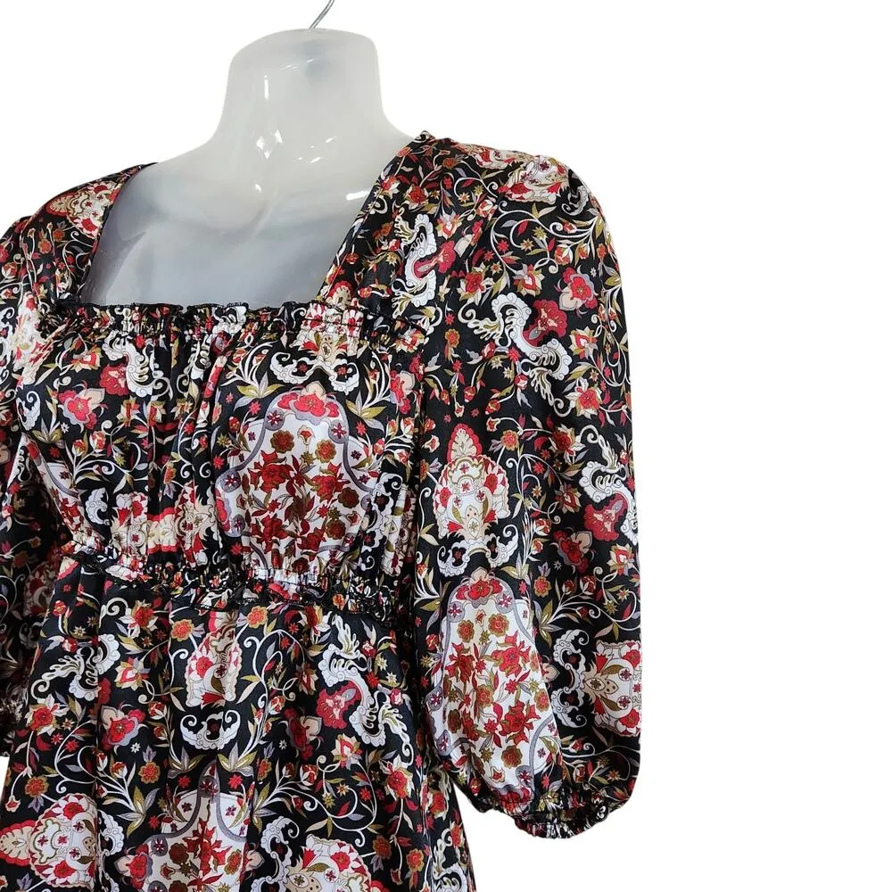 Y2K Apostrophe Balloon Sleeve Floral Retro Boho Blouse Multicolor Size Small - Image 4
