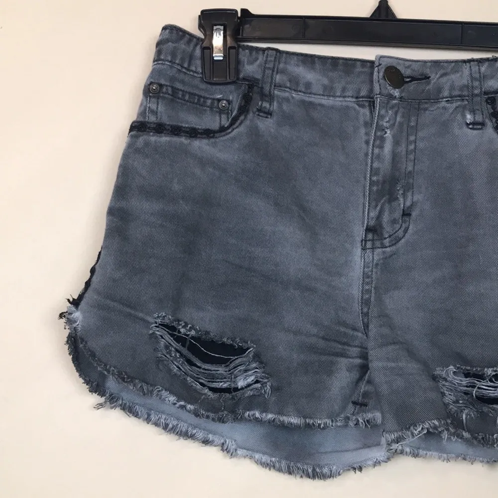Free People Women’s Distressed Gray Black Rosettes Raw Hem Denim Jean Shorts - Image 2