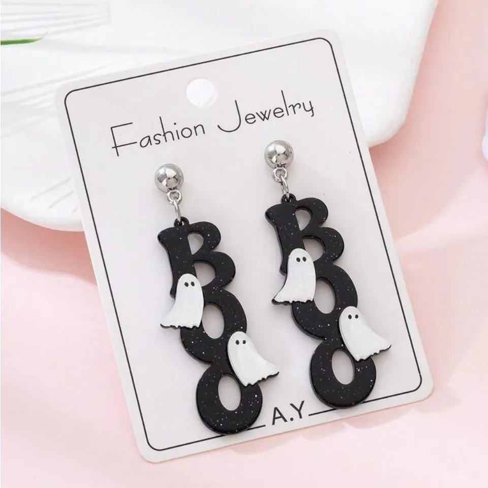 👻👻👻3 for 12$👻👻👻Black 'Boo' Earrings with White Ghosts Black - Image 2