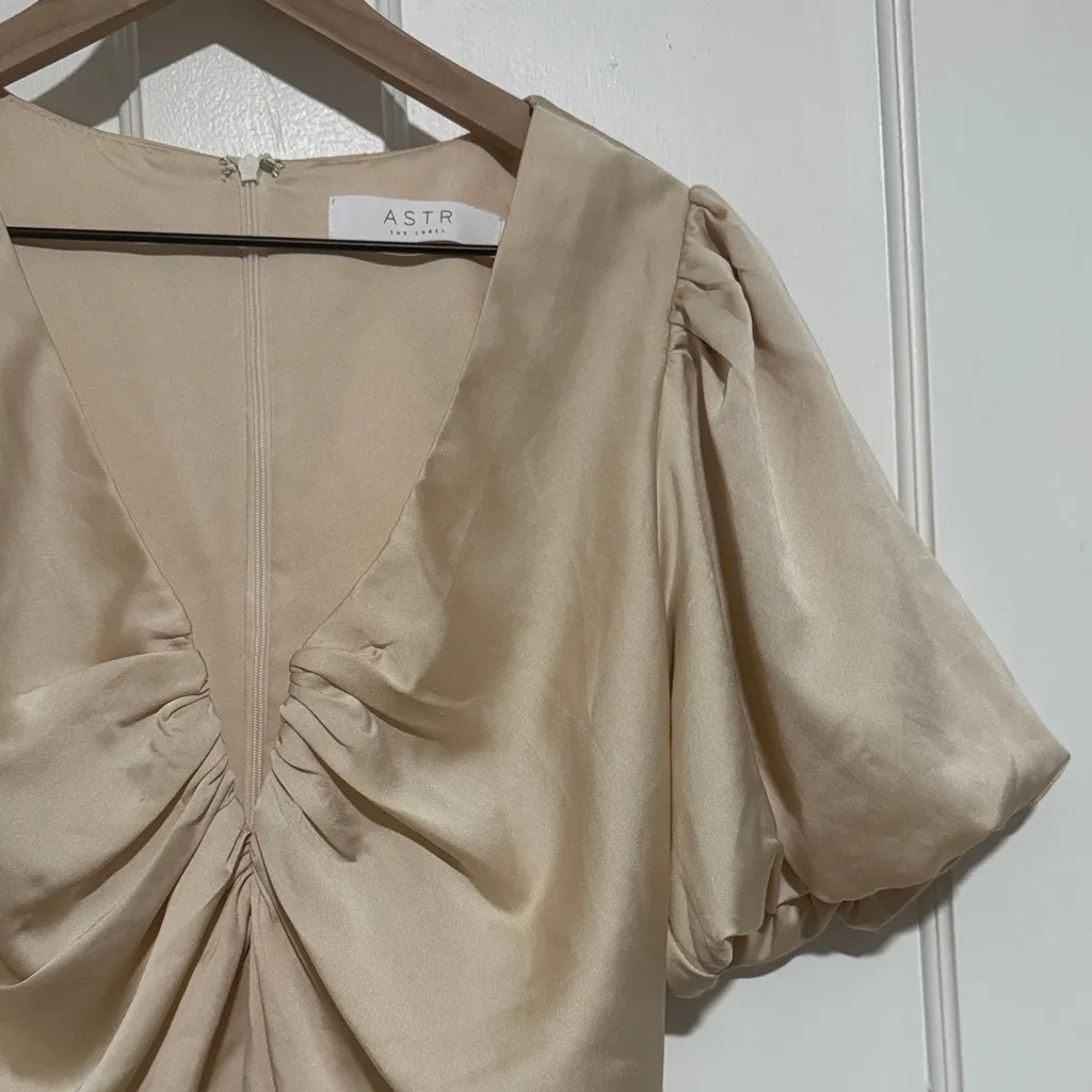 Astr Beige Satin Puff Sleeve Blouse - Image 3