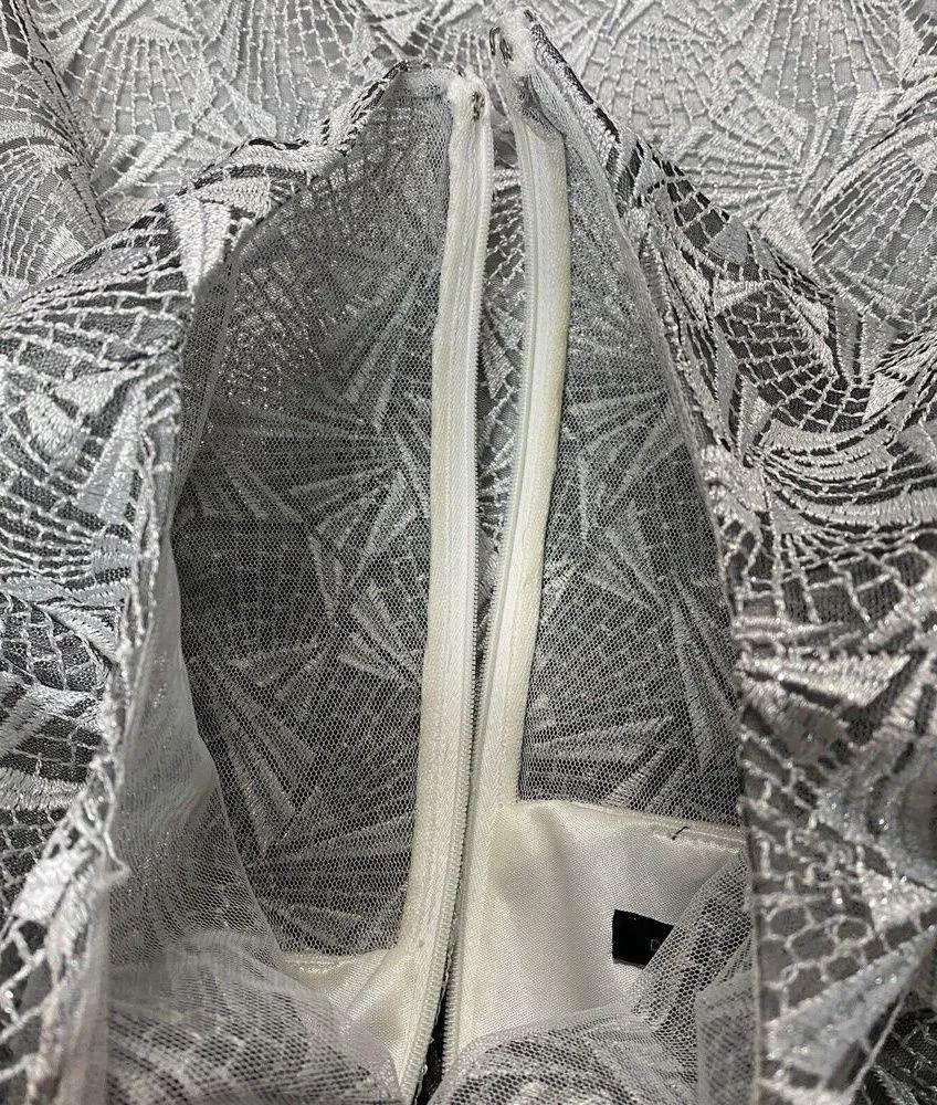 David Meister Silver Geo Illusion Lace Overlay Sheath Party Dress 6 Wedding FLAW - Image 14