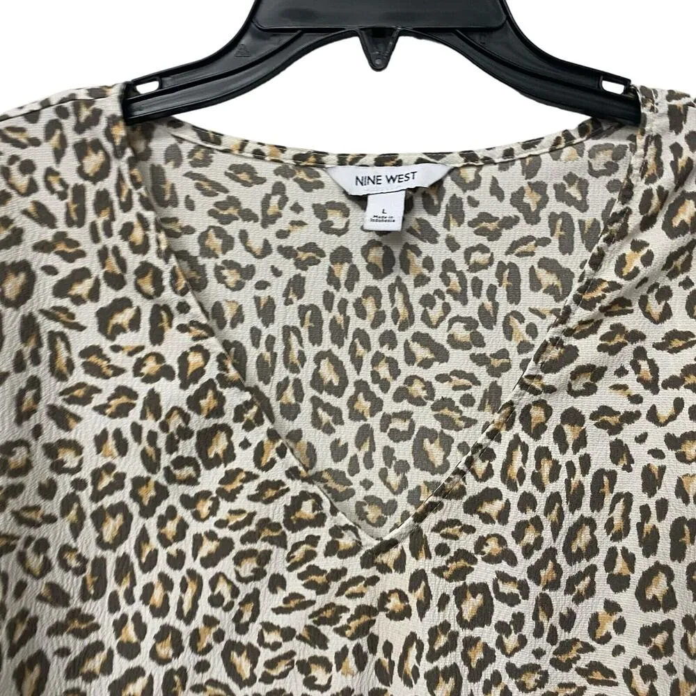 Nine West V-Neck Leopard Print Peplum Long Sleeve Blouse Top Women's Size L - Image 3