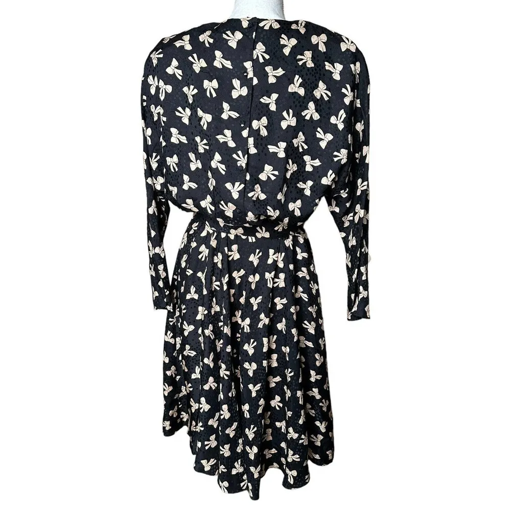 Vintage 80s Megan Barrett 100% Silk Black Bow Print Belted Secretary Dress Sz 12 - Image 6