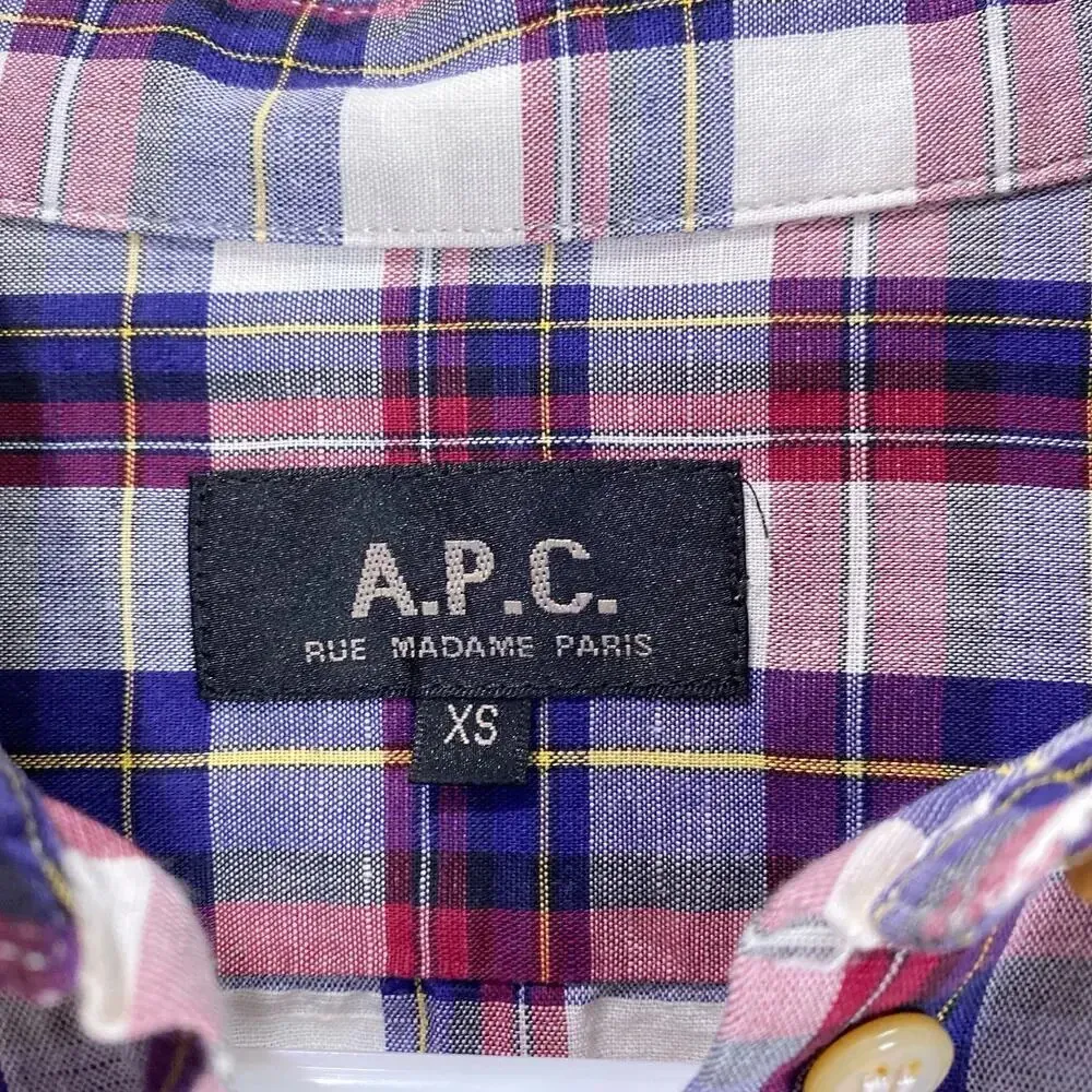 APC Rue Madame Paris Linen Cotton Button Down Shirt Women's XS Plaid Flannel Blue - Image 4