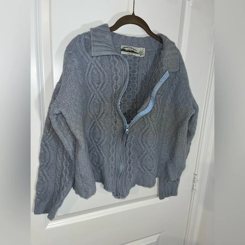 Aran Crafts Merino Wool Full Zip Fisherman Cable Knit Blue Sweater Jacket Sz L Size L - Image 7
