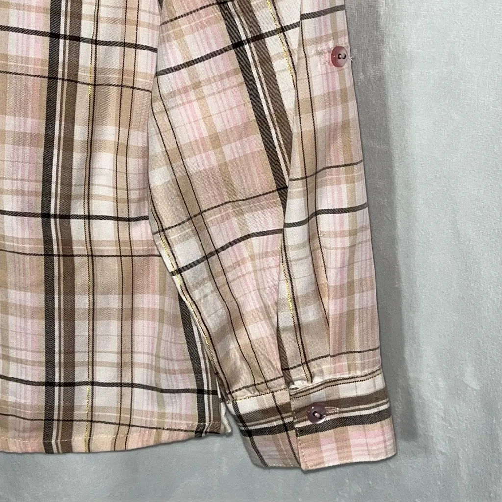 Allison Daley 
Pink and brown/Shimmery Gold plaid long sleeve button down‎ shirt - Image 2