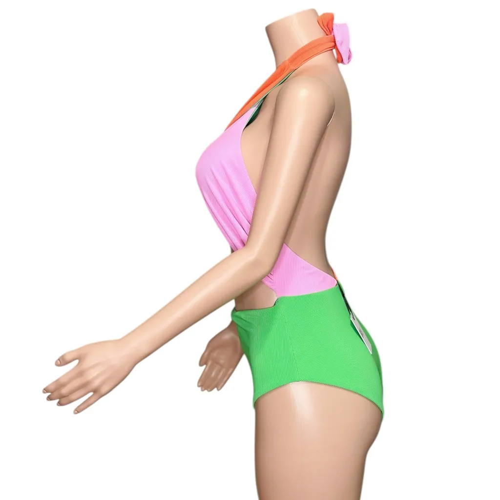 BEACH RIOT Jessica Cut-Out One Piece Swim, Coral Beach Colorblock, Large - Image 9