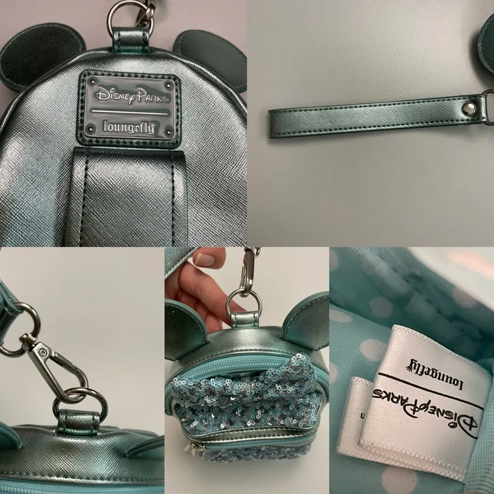 Disney Parks Loungefly Mini Backpack Minnie Bow Wristlet Sequin Green Silver - Image 15