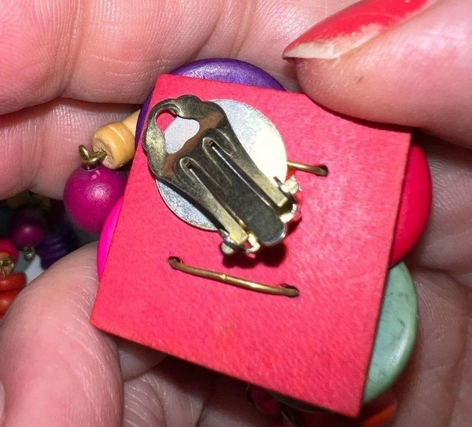 Vintage Tribal Painted Wood Earrings Three Strand Dangle Clip Pink - Image 4