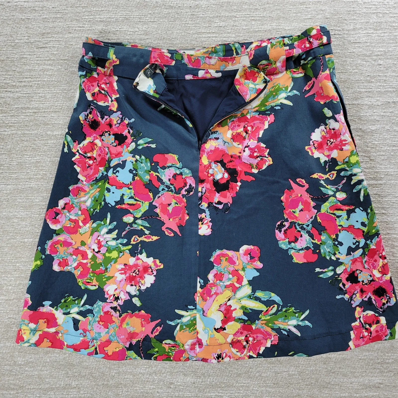 Adriana Papell Floral Mini Skirt Womens 10 Blue Pink Pleated Flared Belted - Image 11