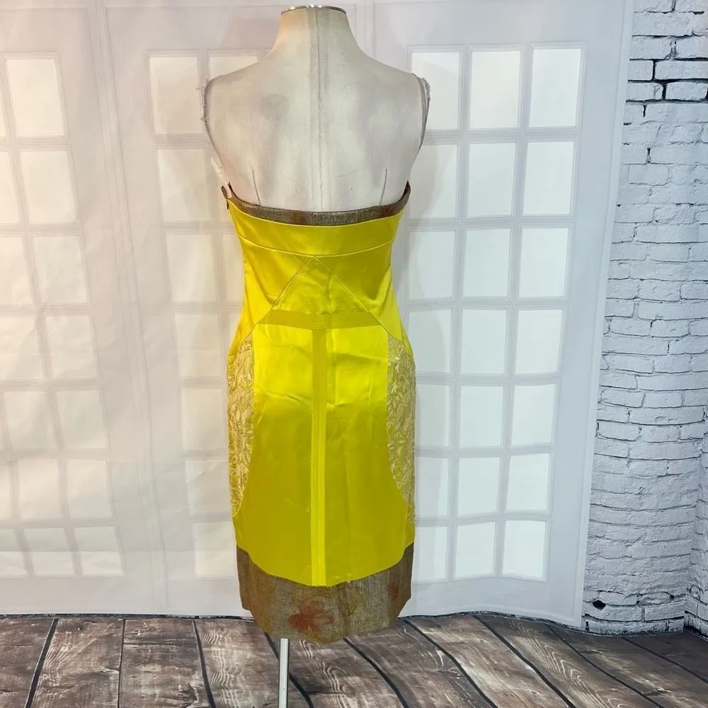 Nicole Miller collection yellow silk satin lace accent strapless cocktail dress - Image 4