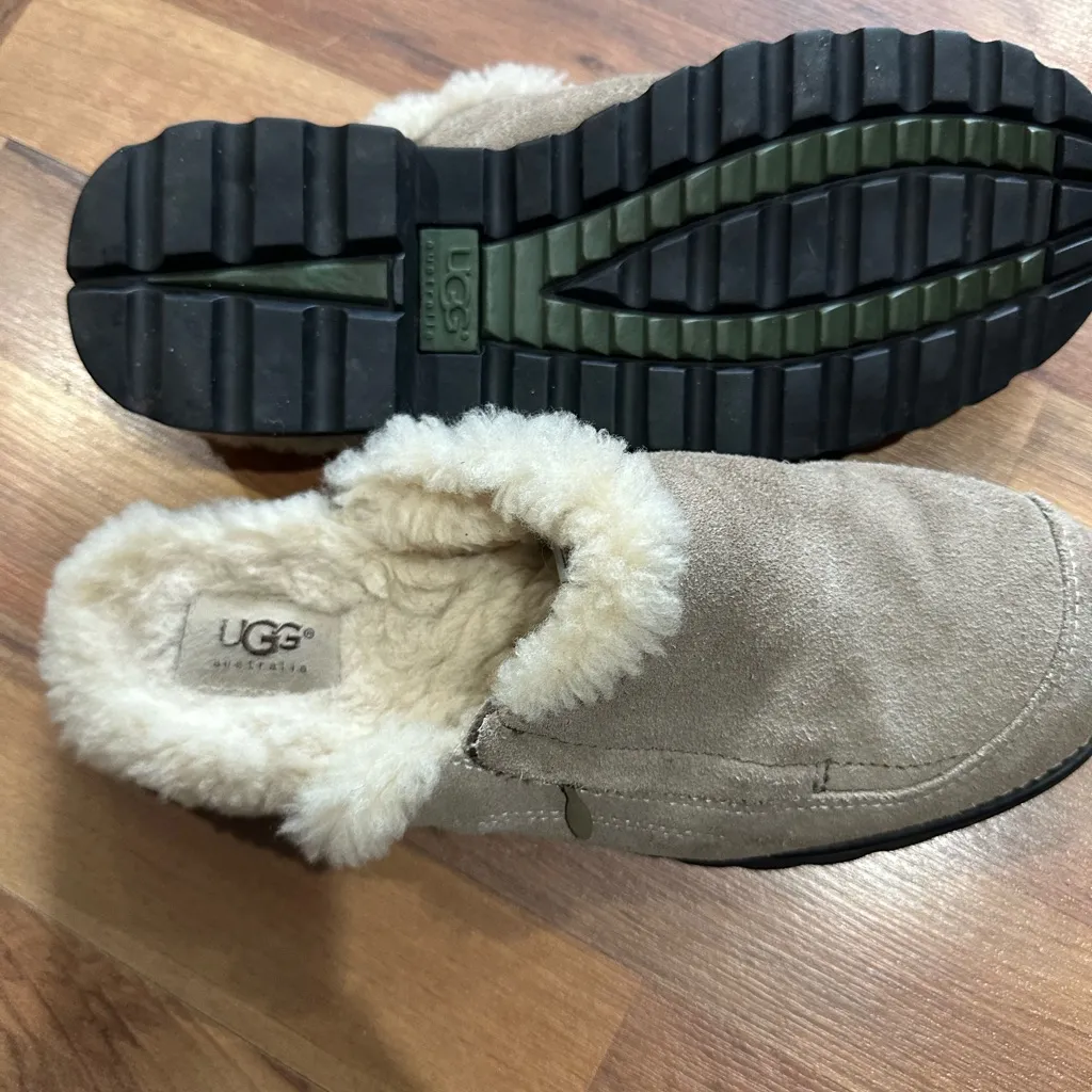UGG Tan Suede Mules with Cream Fur Lining - Image 3