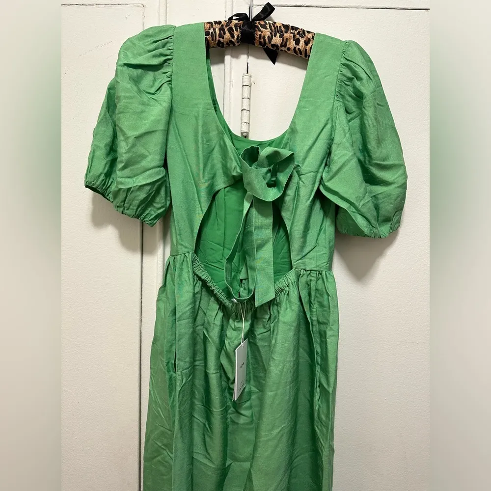 & Other Stories Green Silk Puff Sleeve Tie Back Voluminous Midi Dress Size 6 NWT - Image 5