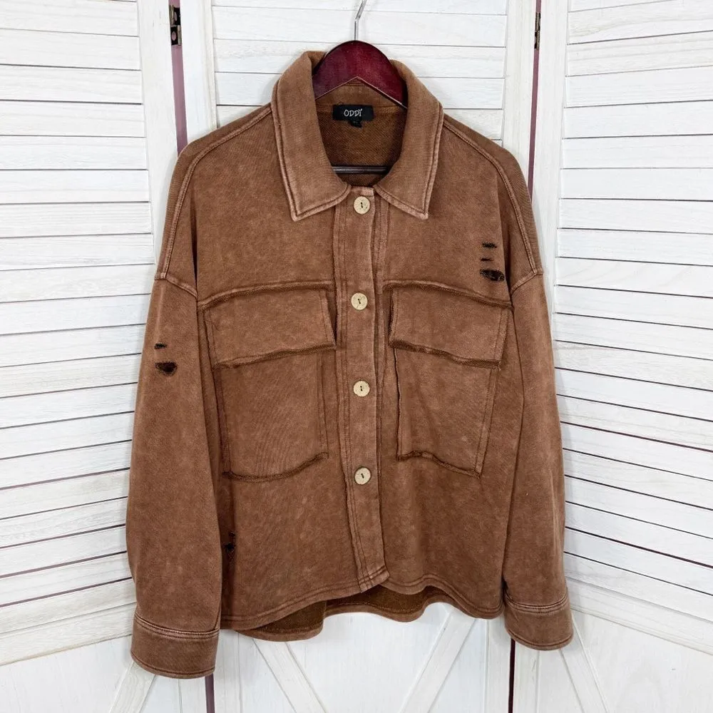 Oddy Distressed Jersey Knit Shacket Cropped Brown‎ Medium Large Brown - Image 8