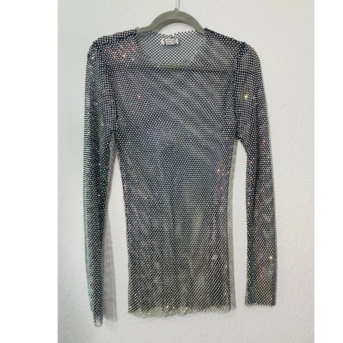 NEW Free People Women's Navy Filter Finish Long Sleeve Metallic Mesh Small Punk - Image 4