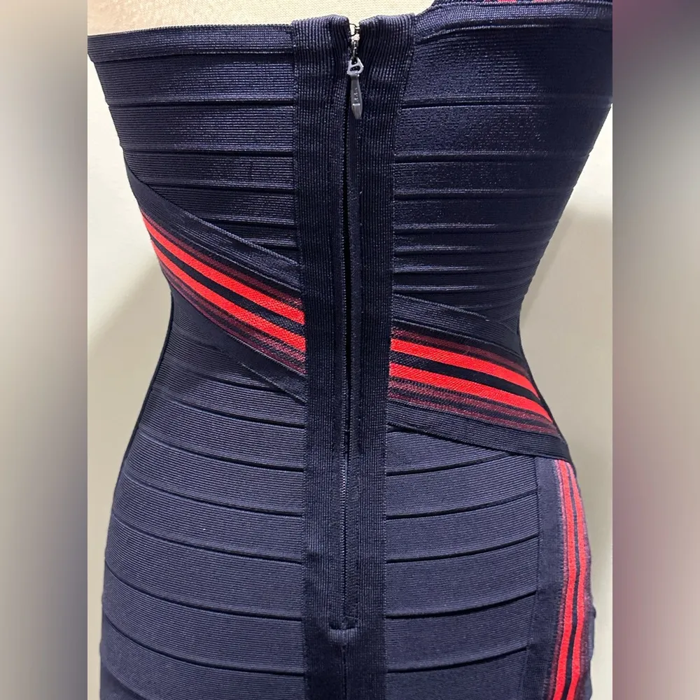 Herve Leger One Shoulder Striped bandage dress navy with red accents - Image 4