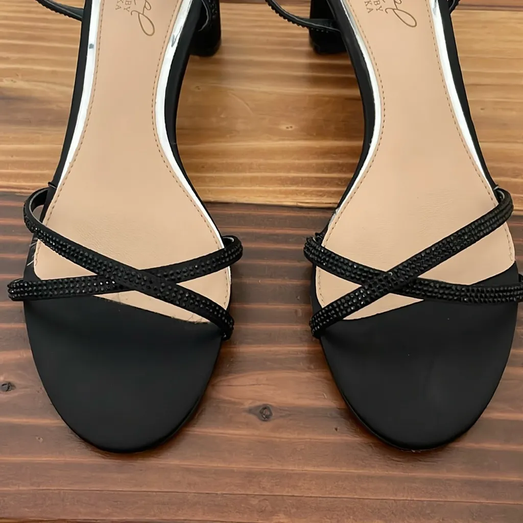 Jewel Badgley Mischka Omari Il Evening Sandals Black Satin & Rhinestones Size 7 - Image 14