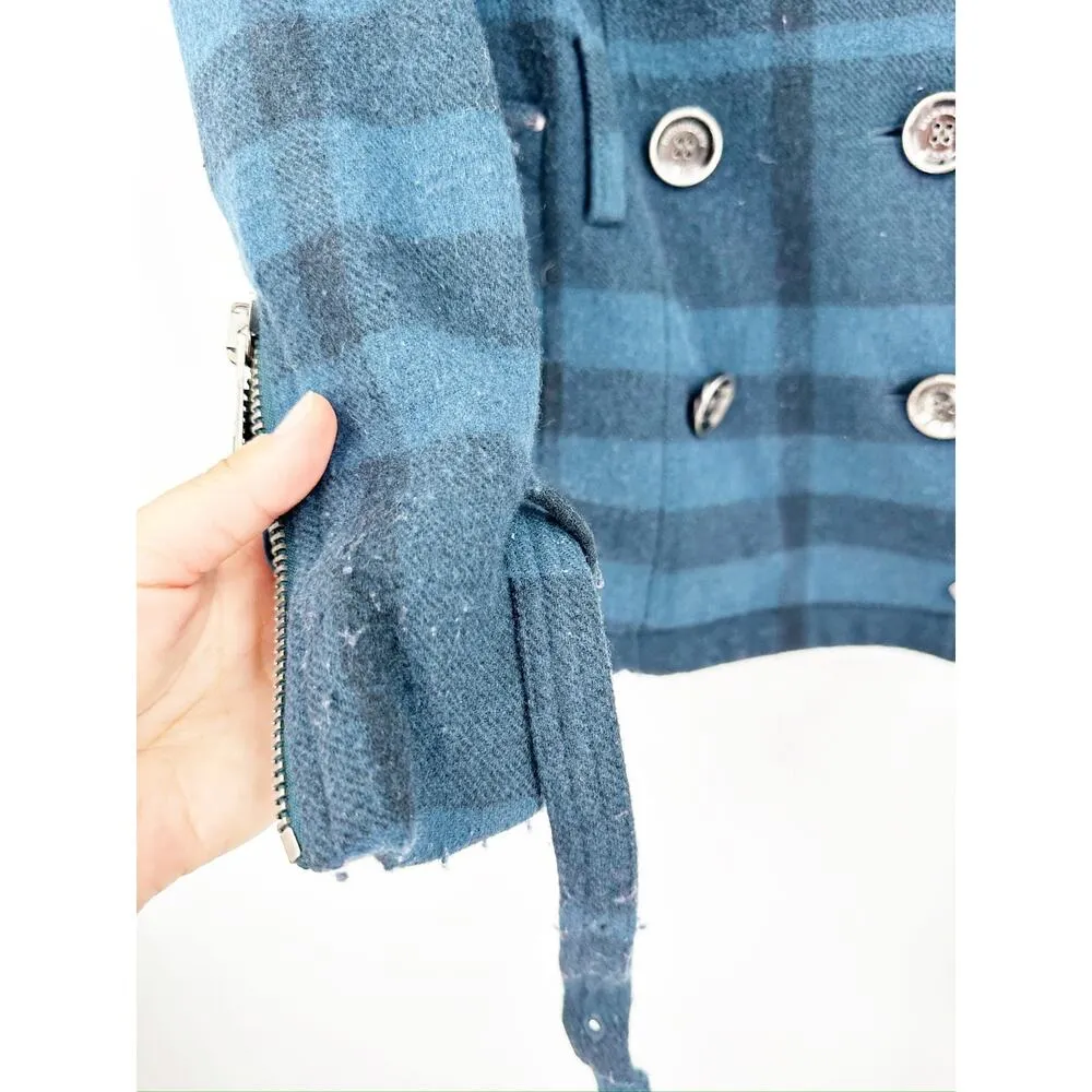 Burberry Brit Blue Full Nova Check Plaid Wool Pea Coat Jacket Women’s Size 2 - Image 4