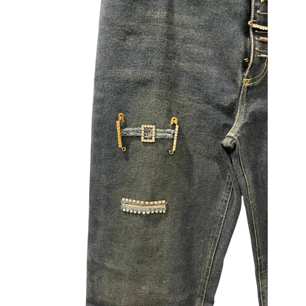Ane' V Y2k Vintage Rhinestone Safety Pin Denim Blue Jeans Size 10 Bling Distress - Image 3