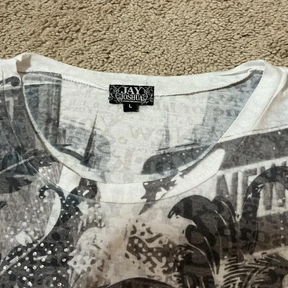 Y2K Jay Joshua New York Graphic Print T Shirt White Black Rhinestone Embellished Size L - Image 5