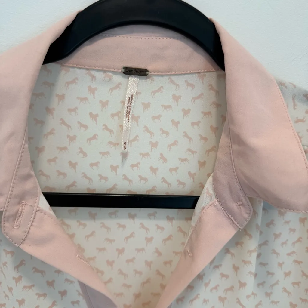 Free People White & Pink Horse Print Button Up Long Sleeve Sheer Blouse XS - Image 6