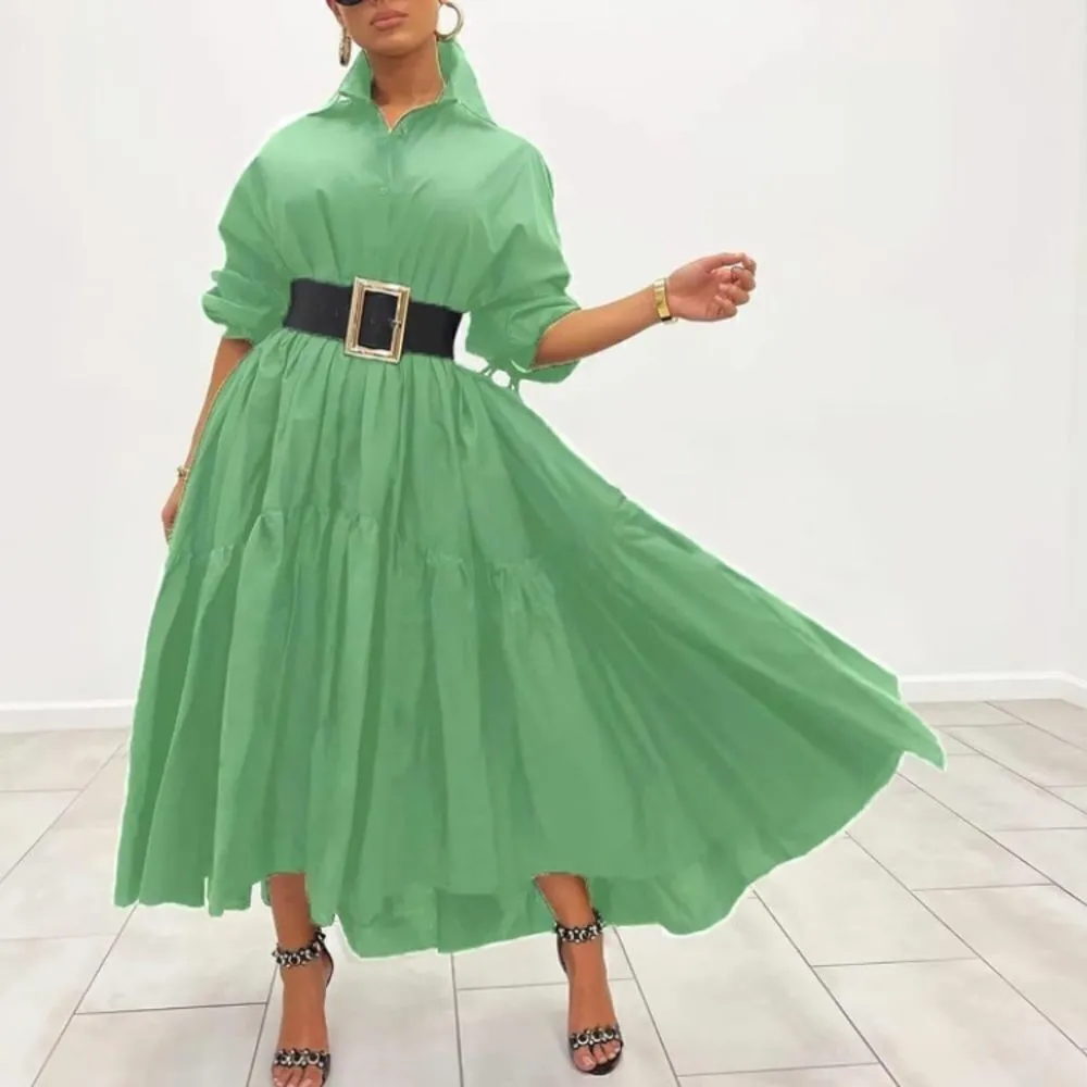 Women’s Lightweight Long Sleeve Loose Maxi Bohemian Ruffle Hem Dress Size M NEW Green Size M - Image 2