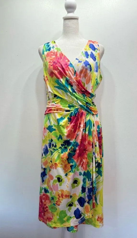 Ralph Lauren Chap’s Draped Wrap Front Colorful Floral Sleeveless Dress Medium - Image 7