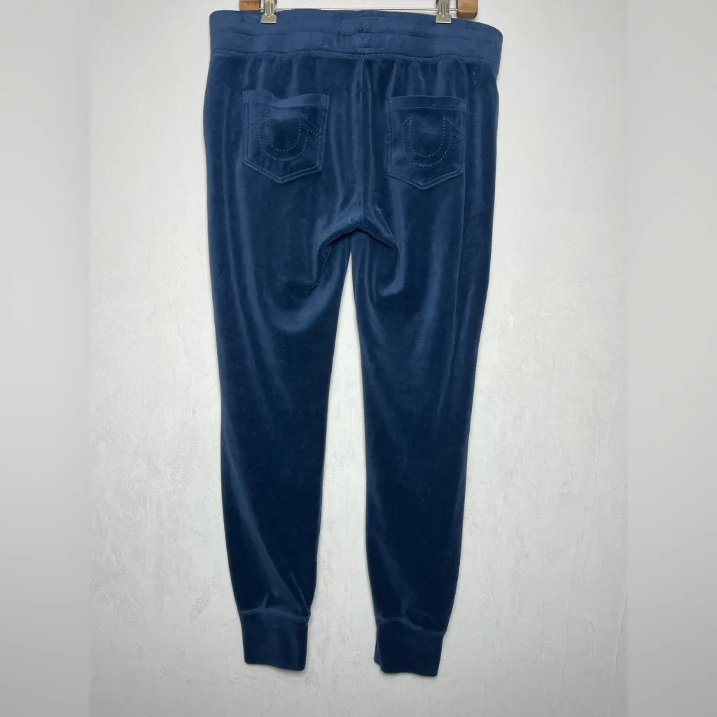 True Religion Women’s Blue Velour Y2K Joggers Silver Embroidered Logo Size L - Image 3