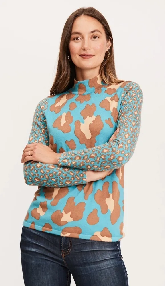 Tyler Boe M Blue Brown Multi Pattern Animal Mock Tunic Long Sleeve Top $175 Size M - Image 1