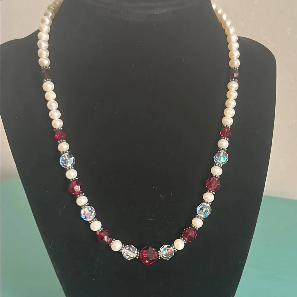 Hand Crafted Classic White Freshwater Pearl and Red Faceted Beaded Necklace Set - Image 2
