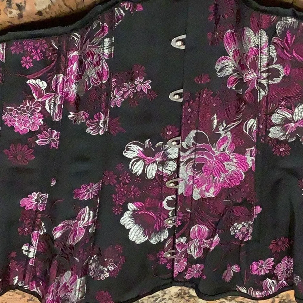 Floral Size XL Vintage Corset Black/Purple Corset W/ Front Clasp & Satin Tie. Black - Image 4