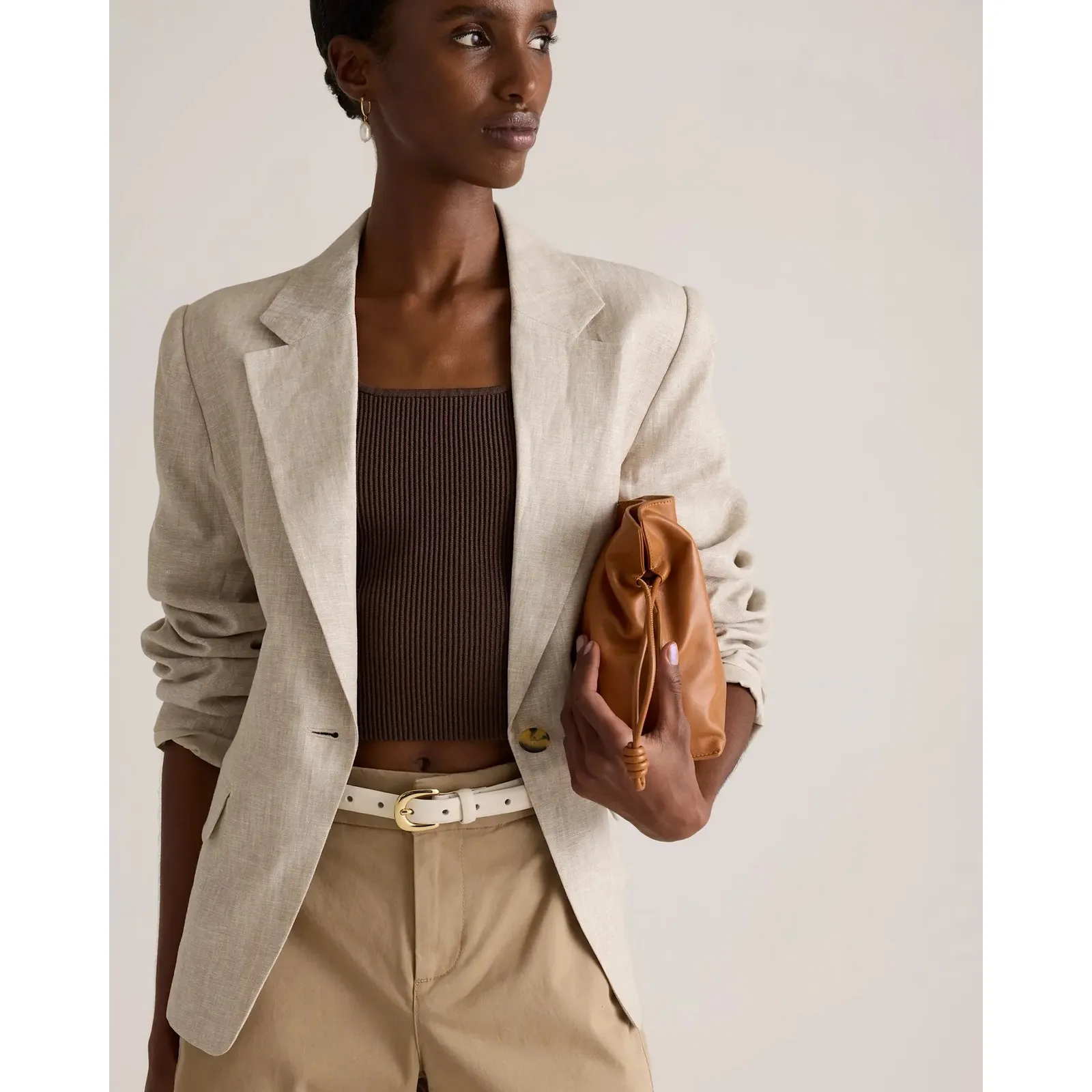 Quince  Linen Blend Structured Blazer Single Button Flax Beige Women's Medium - Image 2