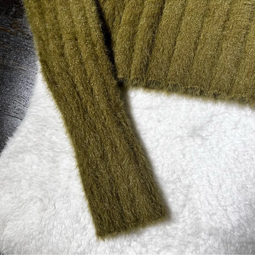 Urban Outfitters Martini Fuzzy Eyelash Olive Green Cropped Sweater - Image 6