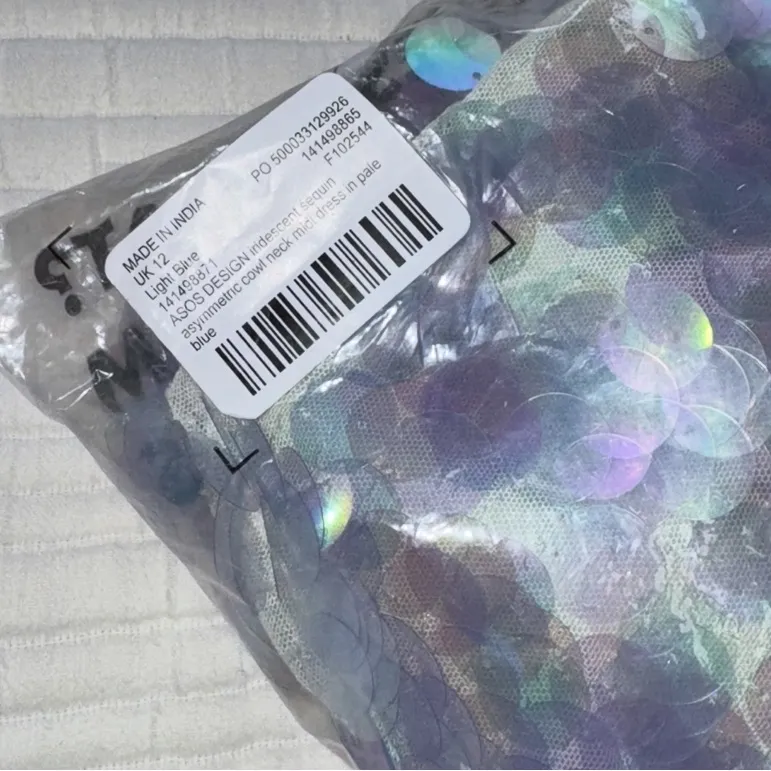 ASOS DESIGN iridescent sequin asymmetric cowl neck midi dress in light blue - Image 6