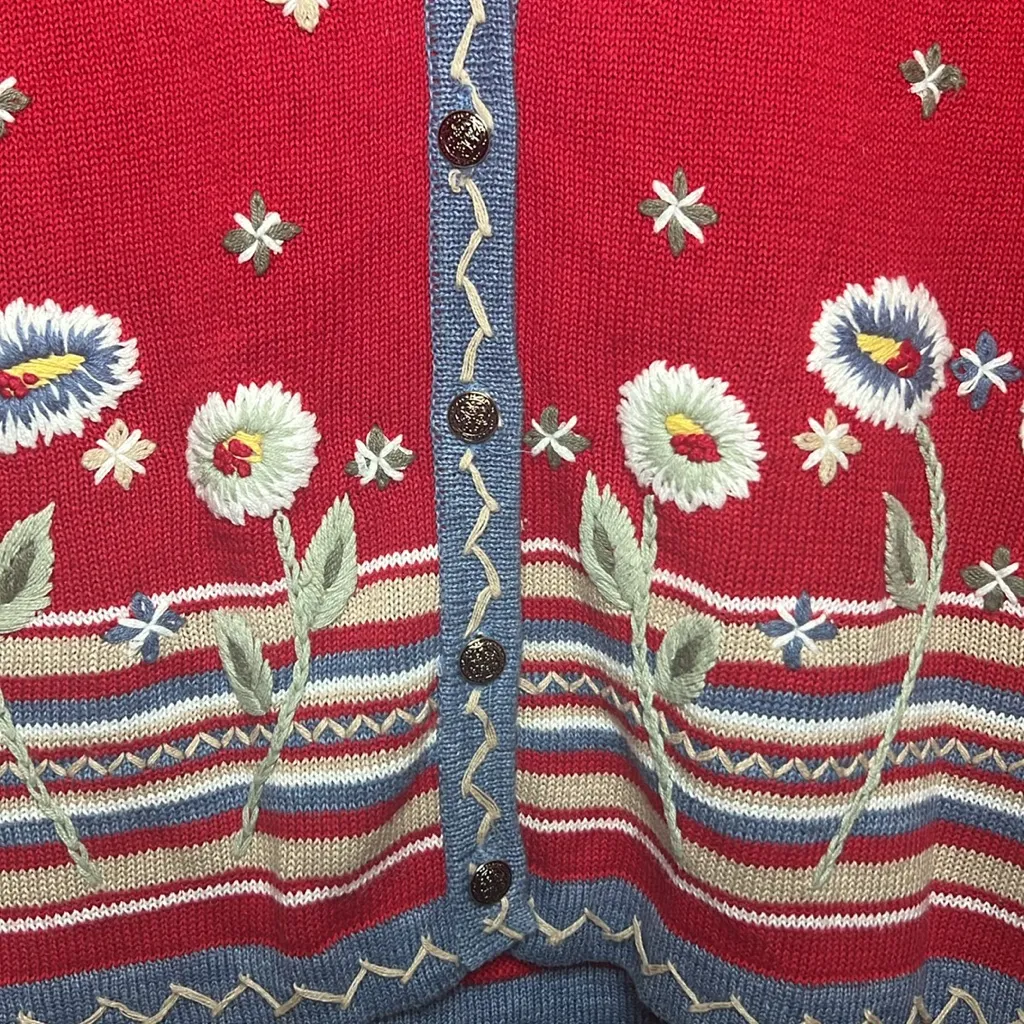 Vintage Koret Daisy flower Red Blue Knit Button Vest Stripe Cotton Cottagecore Size L - Image 3