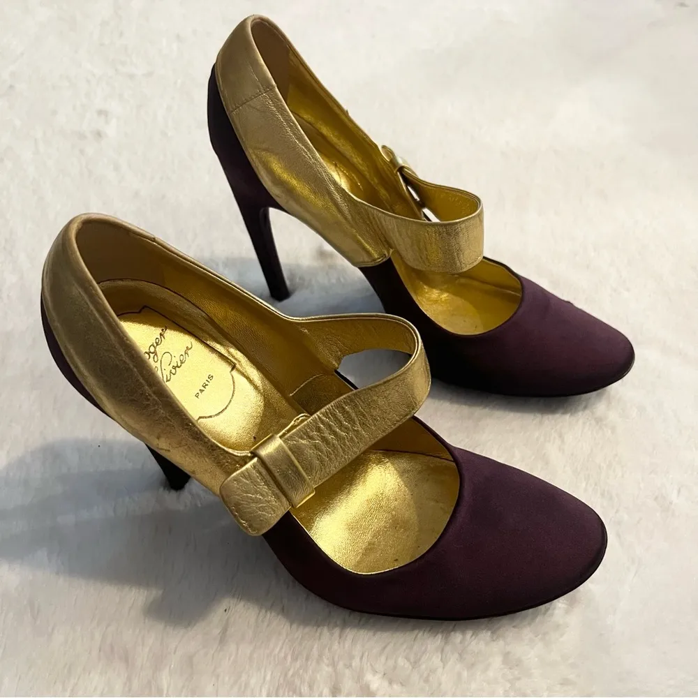 ROGER VIVIER Paris Plum Satin & Gold Leather Pumps Size 38 Purple Gold Heels - Image 6