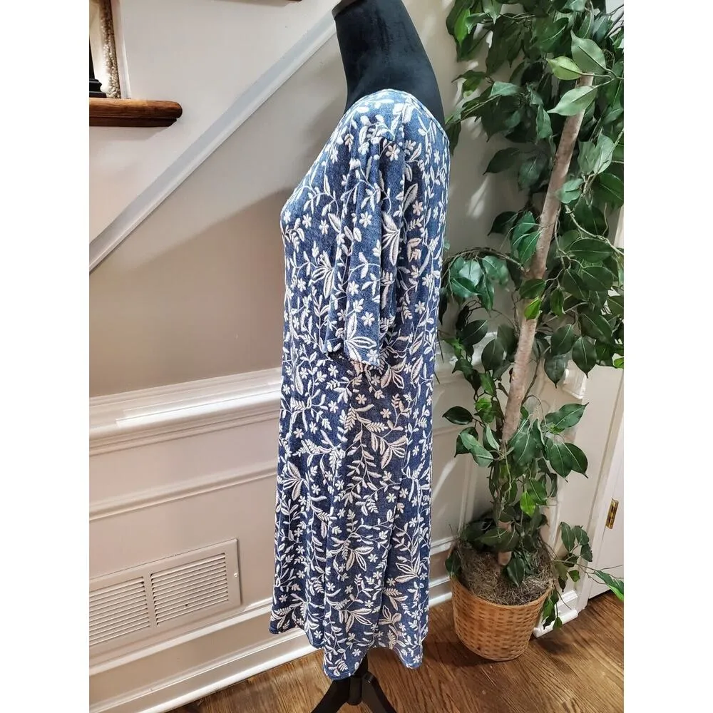 Perseption Concept Women Blue Floral Round Neck Half Sleeve Knee Length Dress L Size L - Image 5