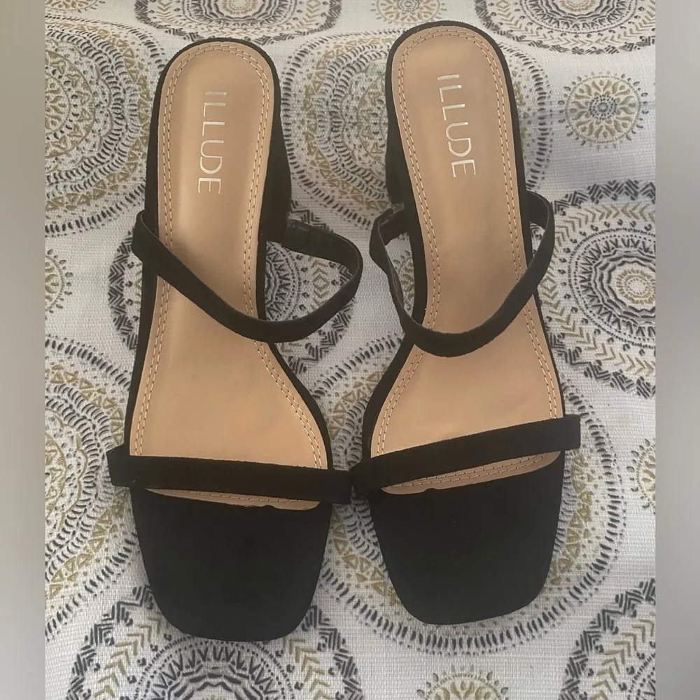 Women’s Block Heel Double Strap Square Open Toe Heeled Sandal Slip On Mule Sz 10 Black - Image 3