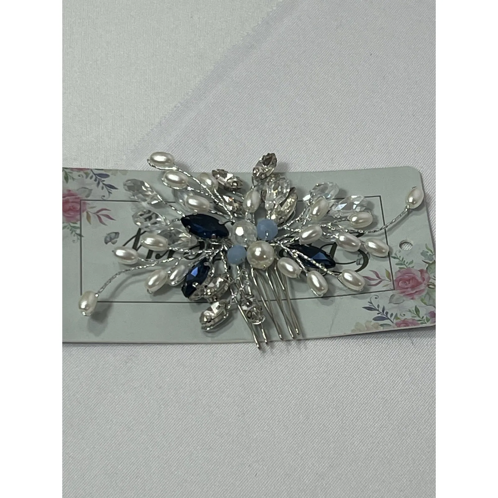 Bridal Sapphire Crystal Hair Comb Blue Leaf Wedding Prom Hair Accessories Silver - Image 3