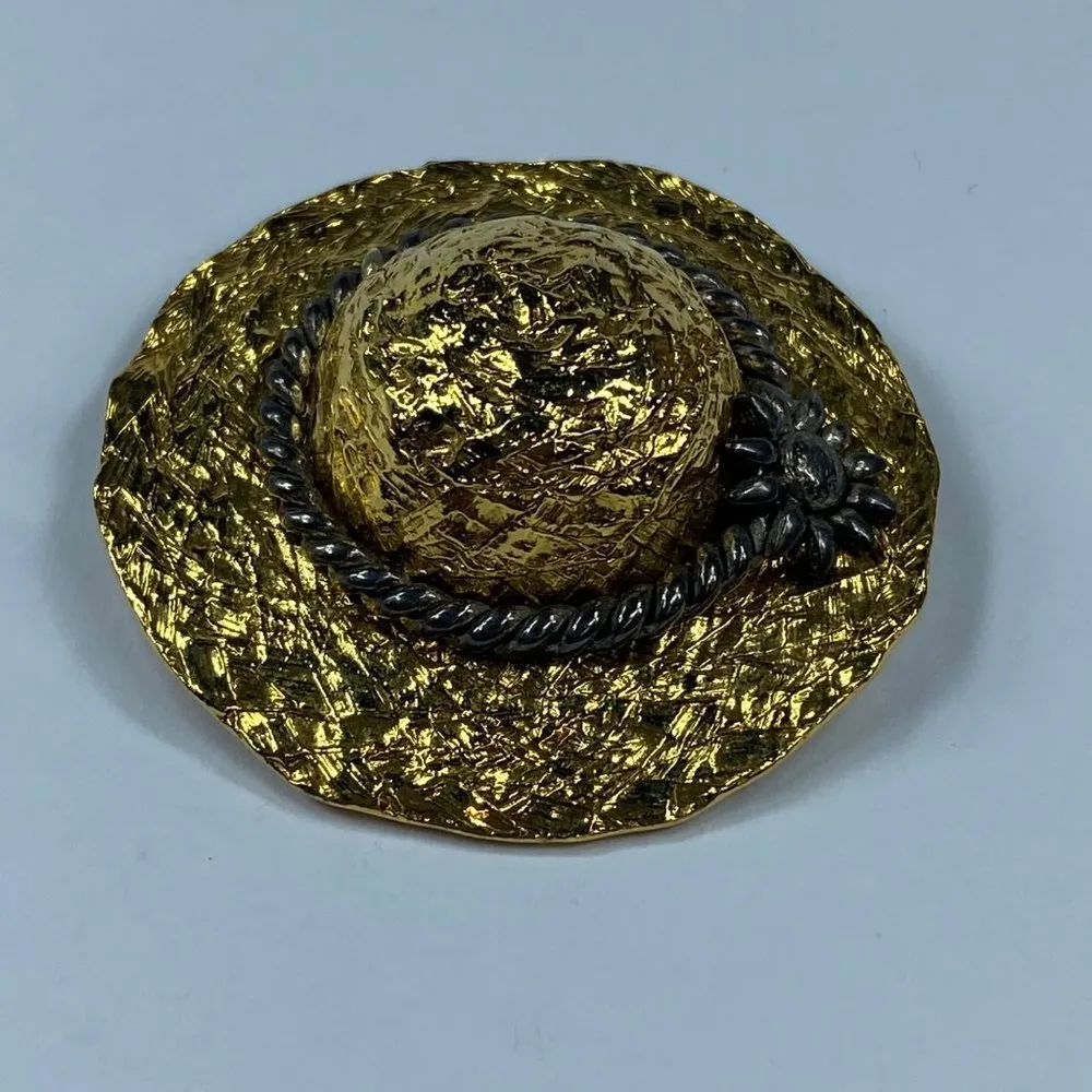 Premier Designs 3 D Hat Brooch Textured Hammered Metal Gold Tone Flower Accent - Image 16