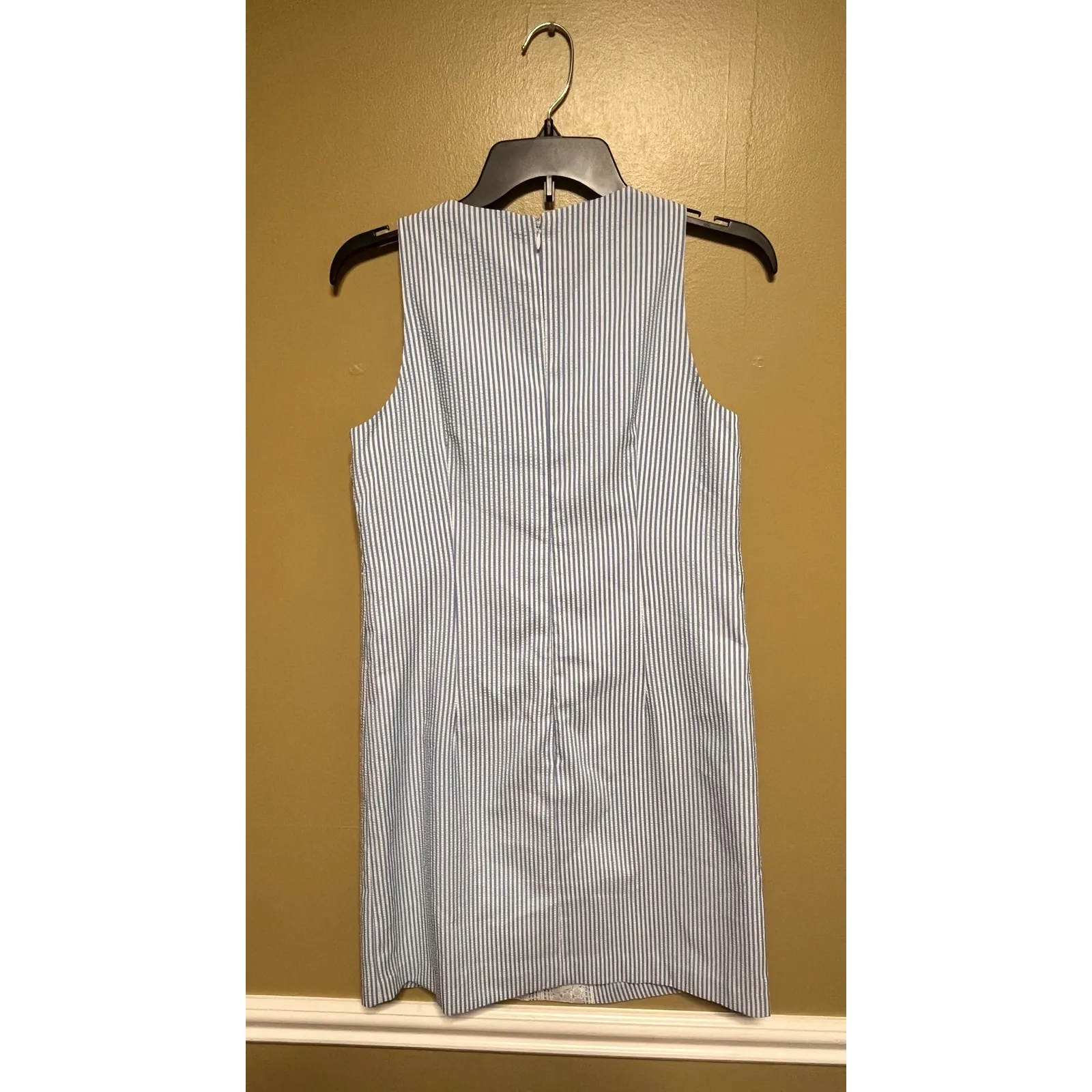 London Times Crochet Lace Panel Seersucker Stripe Shift Dress 4 - Image 3