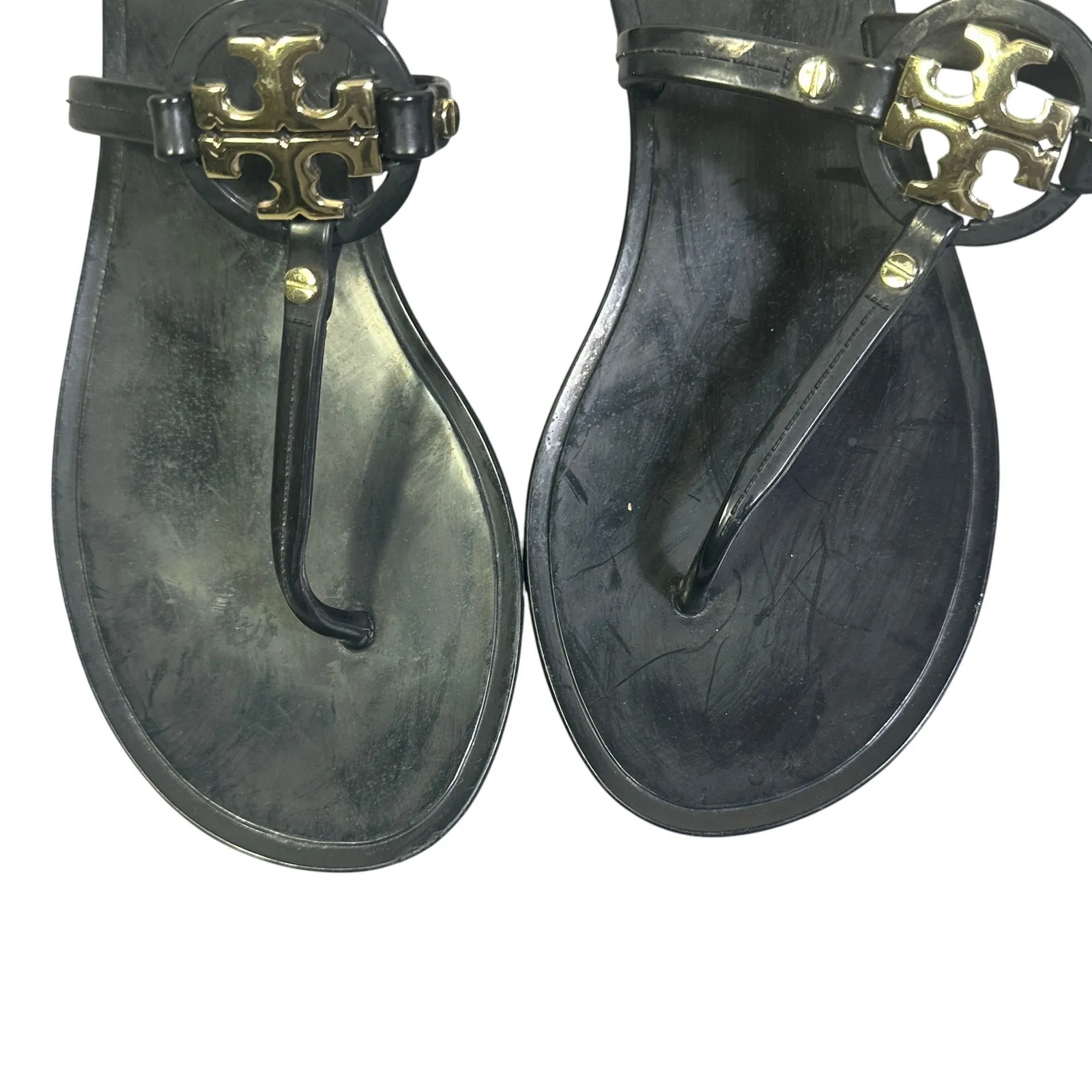Tory Burch Mini Miller Thong Sandals Womens 7 Black Leather T-Strap Old Money - Image 3