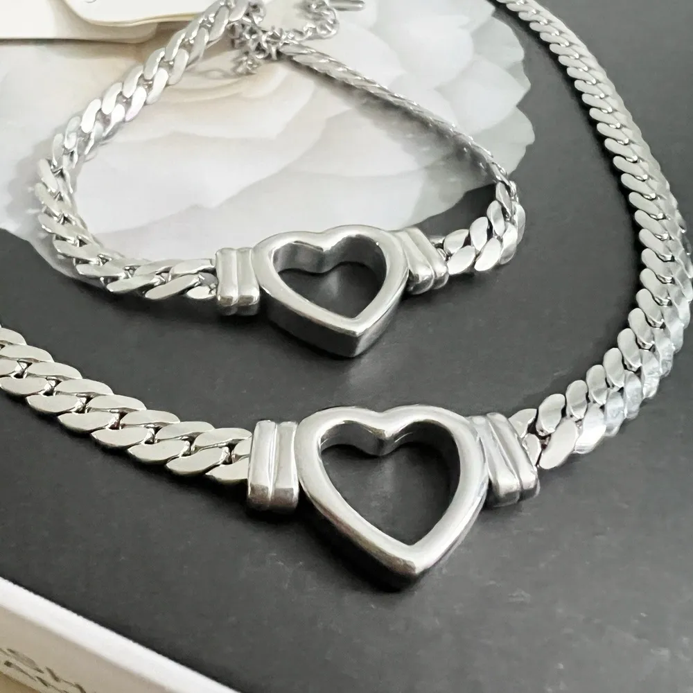 SILVER Plated snake Chain Heart Necklace Set Bracelet Stainless Steel Womens Gold - Image 3