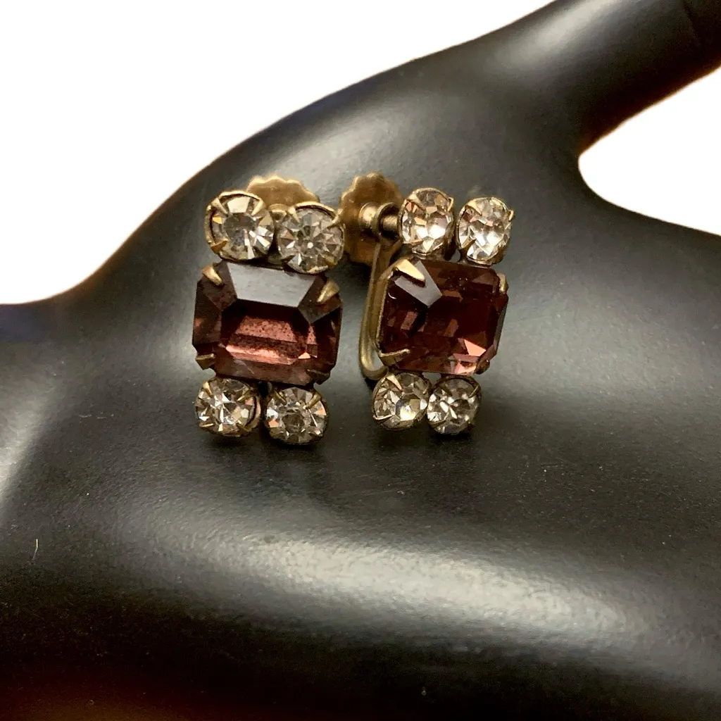 VINTAGE CIRCA 1960'S GOLD TONE PURPLE & CLEAR RHINESTONE NON - Image 4