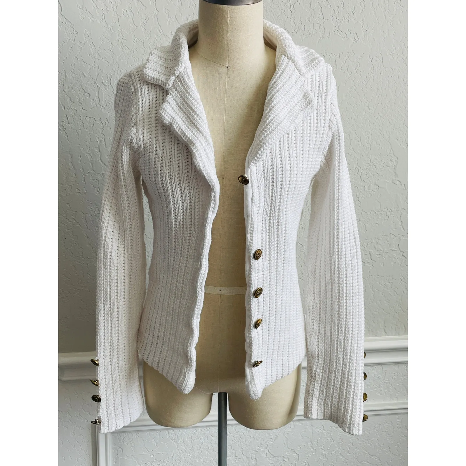 Lauren Ralph Lauren White Ribbed Cardigan Sweater Brass Crest Buttons Size Small - Image 2