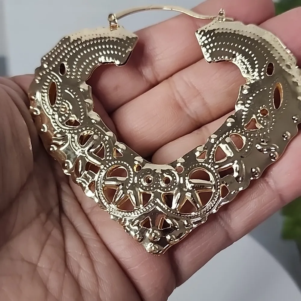 Large Statement Gold Filled Doorknocker Filigree Hoop Earrings - Image 2