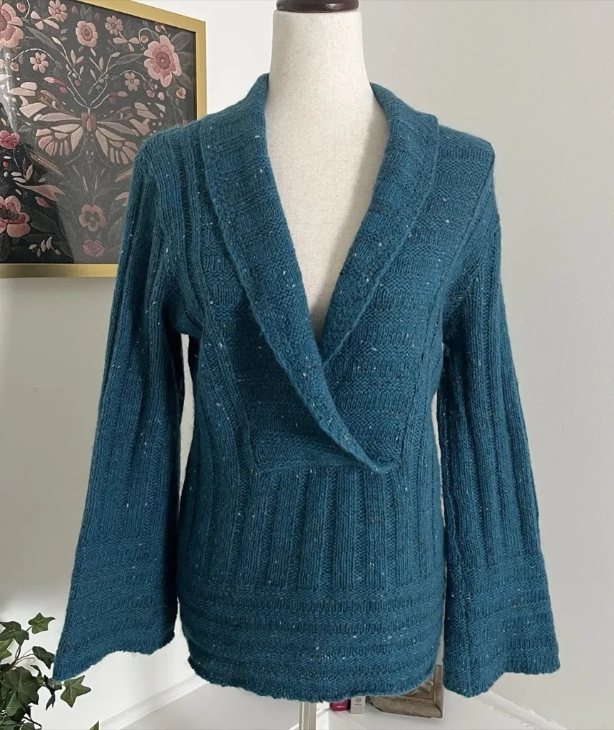 Margaret O'leary Merino Wool Superkid Teal Speckled Shawl Pullover Bell Sleeve - Image 1