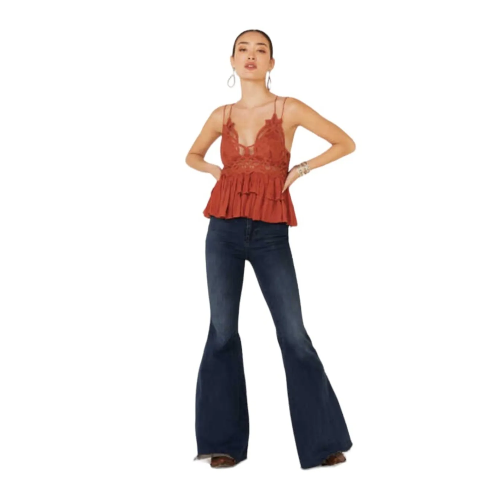 Free People Adella Cami XS Rust Lace Peplum “Winding Roads” Top NWT - Image 3