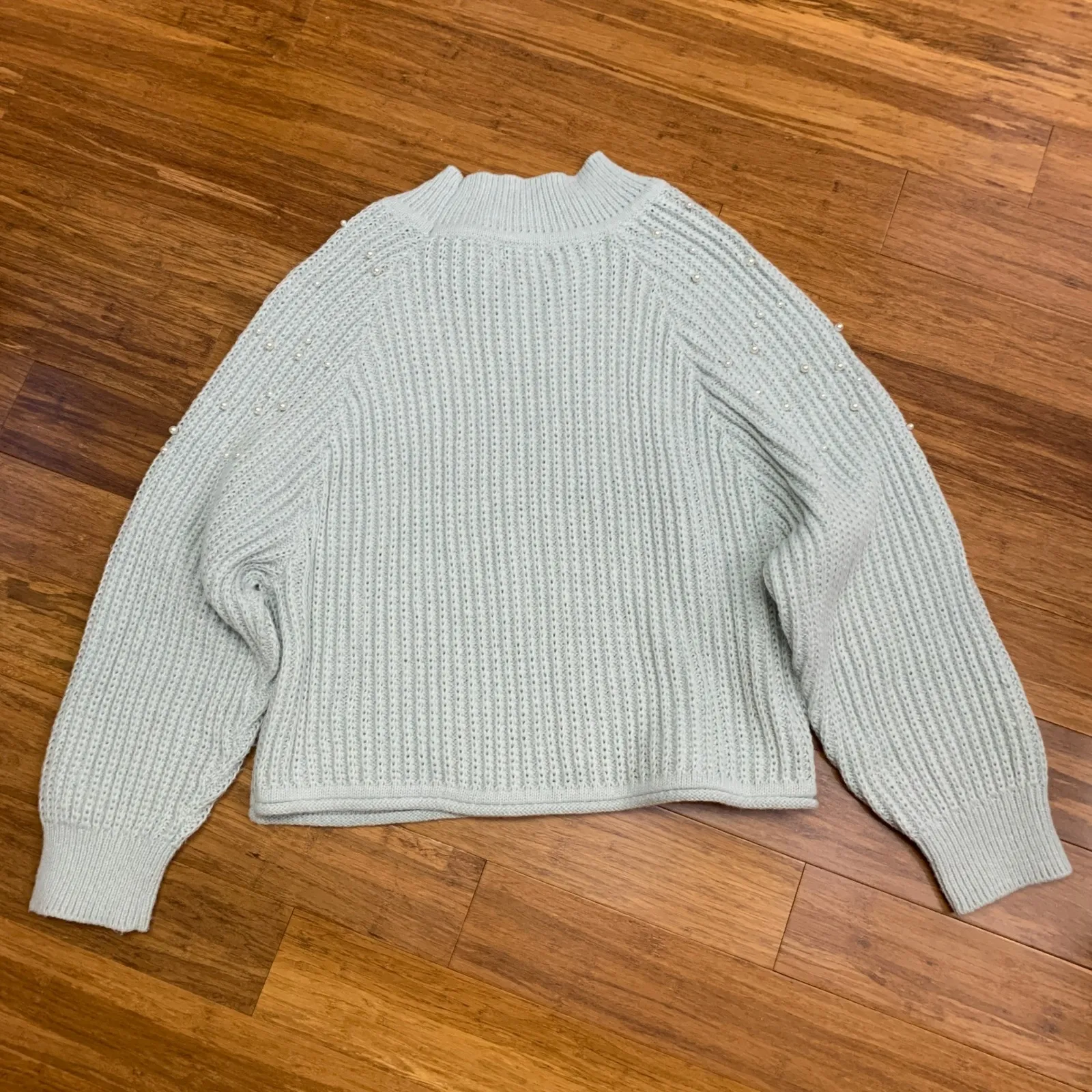 Originality Pearl Embellished Mock Neck Sweater Light Blue Size Large Oversize - Image 4