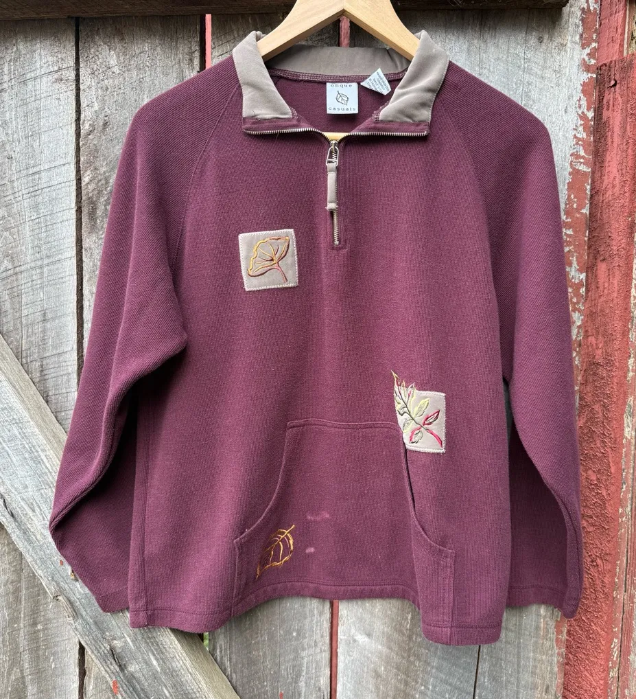 Onque Casuals Autumn Fall Thanksgiving Leaves Embroidered Quarter Zip Sweater Tan Size M - Image 1